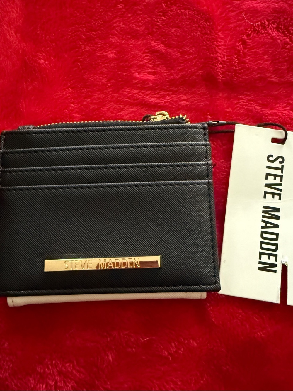 NWT Steve Madden Black Cream Saffiano Leather Card Case Wallet ID Window